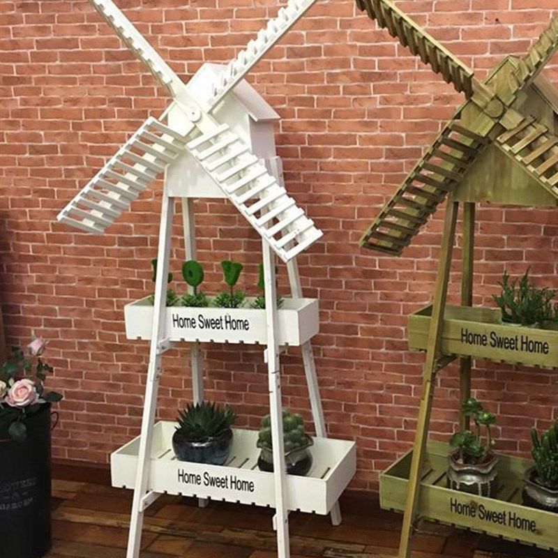 美式乡村做旧多肉实木风车花架摆件咖啡馆酒吧置物架幼儿园饰品