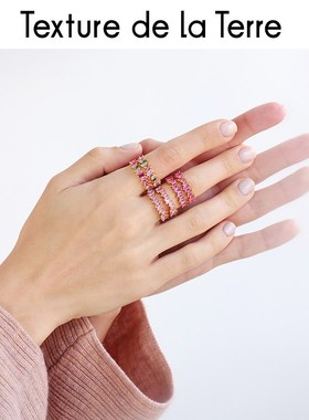 春天粉红色水晶彩宝锆石戒指女轻奢高级感小众设计镶钻指环开口