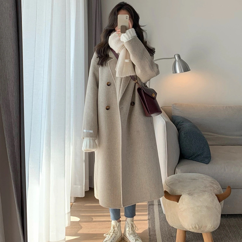 浅杏色毛呢外套女秋冬韩系大码胖mm200斤宽松中长款加厚呢子大衣