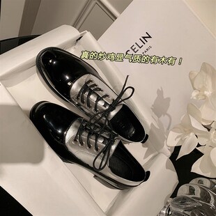 银色单鞋女设计感小众2023年新款平底鞋高个子百搭英伦小皮鞋