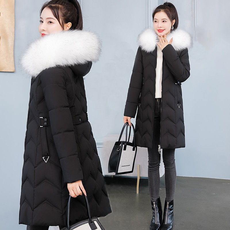 中长款修身羽绒棉服女2021冬装新款大毛领羽绒服加厚保暖棉衣棉袄