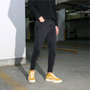 男士 百搭弹力休闲微跨锥形裤 新款 小脚铅笔裤 修身 黑灰色九分牛仔裤