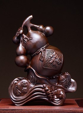 黑檀木雕福禄有余葫芦摆件实木家居客厅办公室电视柜装饰贺寿礼品