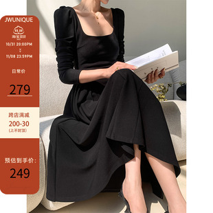 酒窝定制黑色长袖洋装女秋季2023年新款修身显瘦高腰气质长裙子