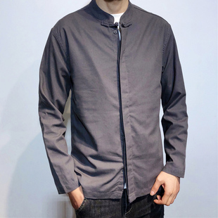 春秋棉麻立领盘扣纯色长袖衬衫唐装休闲中山装可以上班穿的汉服男