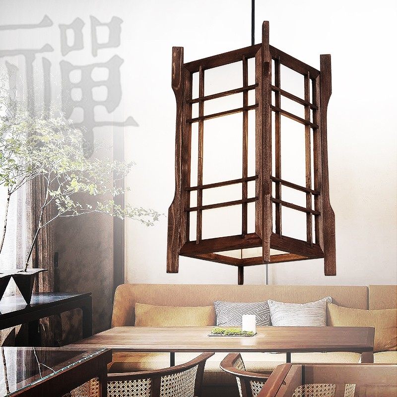 哈美日式木艺小吊灯方形宫灯卡座过道走廊中式复古侘寂风定制灯具