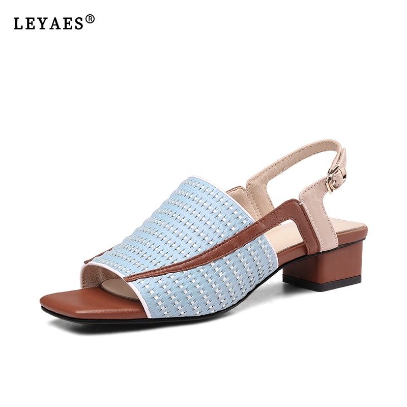 低跟凉鞋女2021夏季新款真皮中粗跟方头大码鱼嘴凉鞋露趾后空凉鞋,女鞋,时装凉鞋,淘宝优惠券,粉丝福利购,淘宝优惠卷