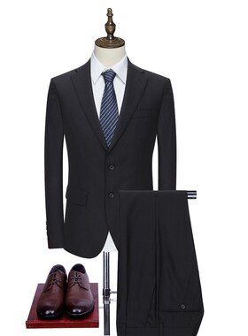 美尔牌男平驳领商务休闲黑色蓝点西服套装男套西120H15