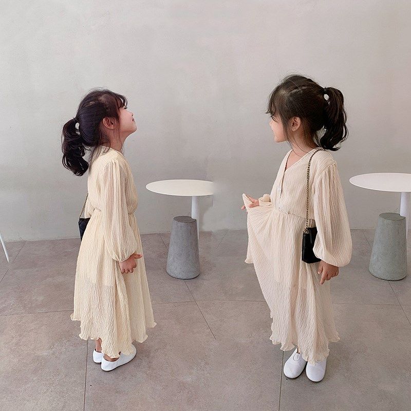 韩国童装2021秋款日系淑女气质v领压褶雪纺大裙摆收腰女童连衣裙,童装/婴儿装/亲子装,连衣裙,淘宝优惠券,粉丝福利购,淘宝优惠卷