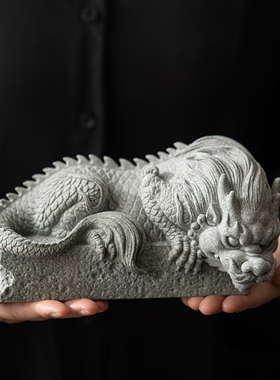 青砂石瑞兽中式盘龙桌面水兽摆件鱼缸造景石压纸镇尺办公室招财镇