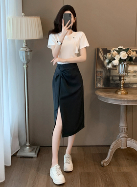 2025夏季气质穿搭修身白色国风盘扣短袖上衣开叉半身裙时尚两件套