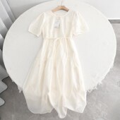 影系 系带收腰长裙 新款 温柔风甜美刺绣印花泡泡袖 连衣裙2025夏季