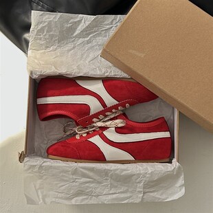 红色复古德d训鞋5cm内增高休闲鞋2025新款百搭平底女运动板鞋透气