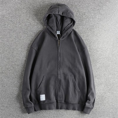 480G重水洗牛肚毛圈面料男款连帽开衫卫衣 做旧复古潮流上衣外套