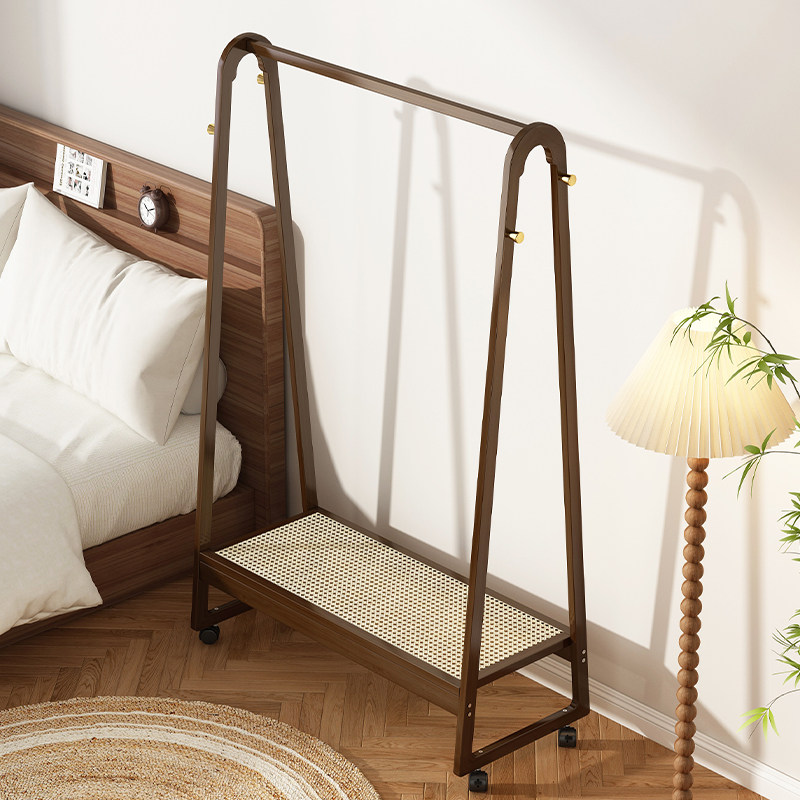 简易挂衣架落地卧室实木房间挂衣服的架子经济型带轮可移动衣帽架