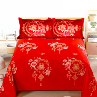纯棉厚床单件大红喜事床品全棉布料被单子单双人2米加大结婚炕单