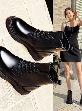 马丁靴女2023秋冬季新款爆款小B个子英伦风厚底炸街黑色短靴显脚