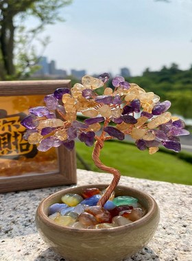 天然黄水晶碎石原石发财树桌面摆件办公室客厅富贵树招财多宝摆件