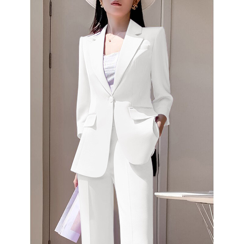 白色西装套装女2025新款高级感小个子夏天薄款阔腿裤休闲西服外套图片