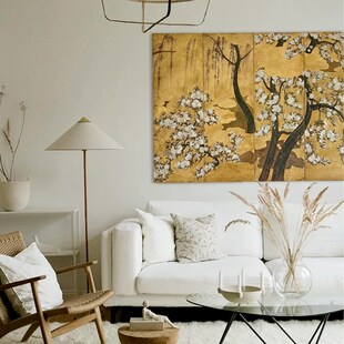 法式中国风中古挂画手绘油画金箔漆画奶油风N客厅装饰画四联壁画