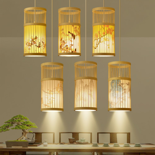 网红新中式e餐厅包间竹编小吊灯日式餐饮火锅店包厢竹艺灯笼带射