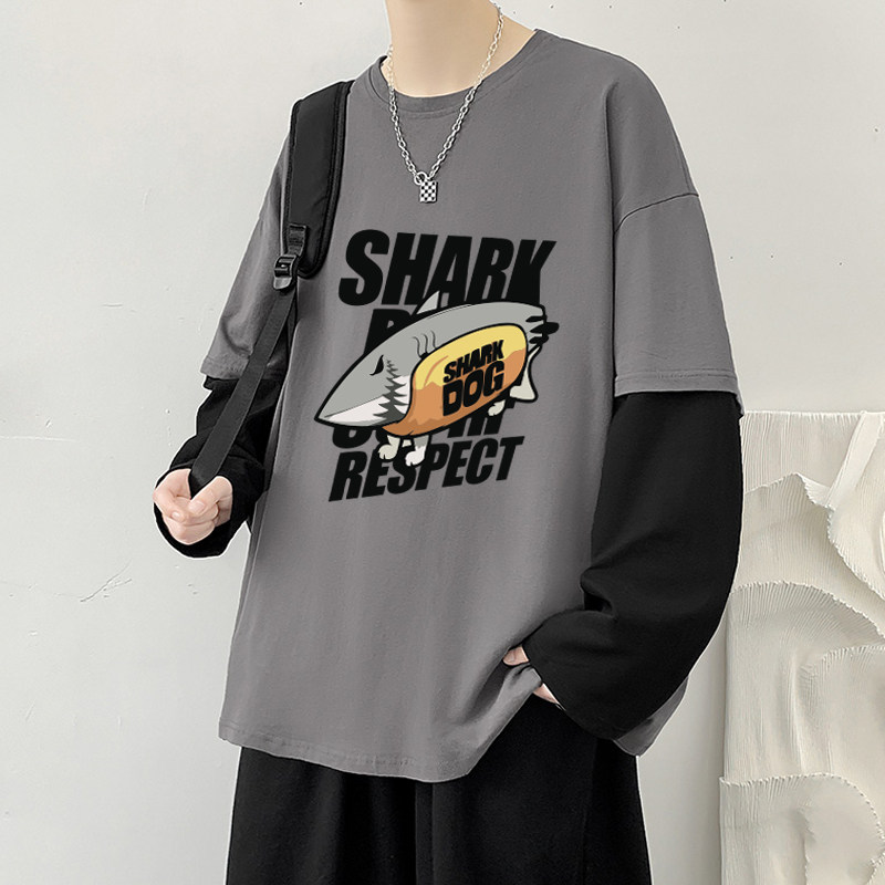 春夏季青少年男生长袖t恤男潮牌潮流高中初中学生上衣服纯棉薄款图片
