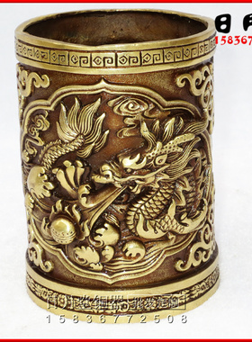 黄铜铜器 铜双龙戏珠铜笔筒 二龙戏珠铜香筒家居工艺用品摆件