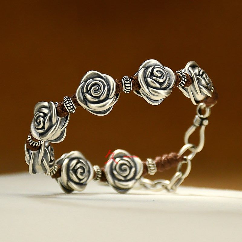新款纯银玫瑰花编织手绳女车轮隔珠如意葫芦链条手串精致轻奢礼物,饰品/流行首饰/时尚饰品新,银饰手链,淘宝优惠券,粉丝福利购,淘宝优惠卷