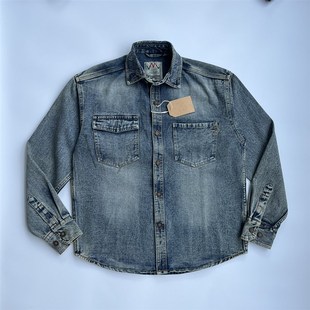 衬衣外套休闲复古衬衣 春秋款 腰果花领拼接怀旧水洗牛仔衬衫 男长袖