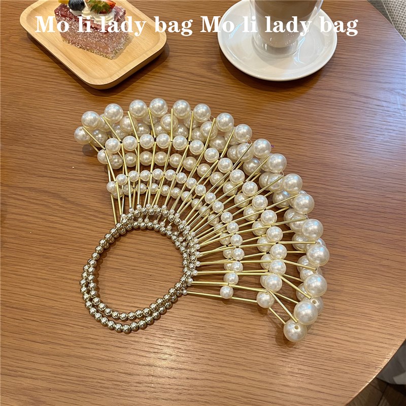 甜美淑女法式复古镂空扇子包手工编织串珠珍珠手机包手提斜挎包女