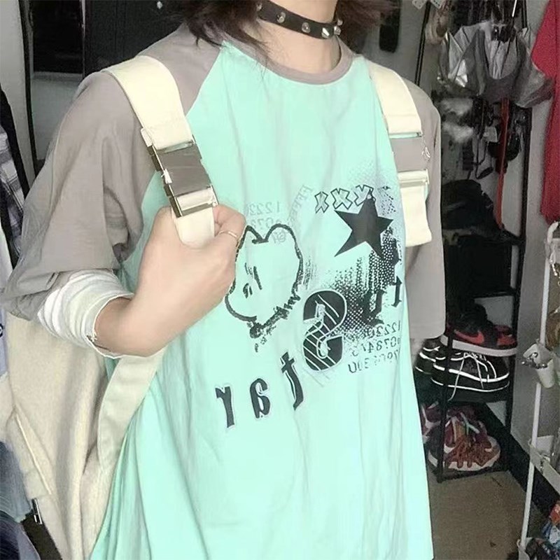 日系薄荷绿拼色插肩袖短袖可爱宽松t恤女宅系上衣少年感轻亚文化