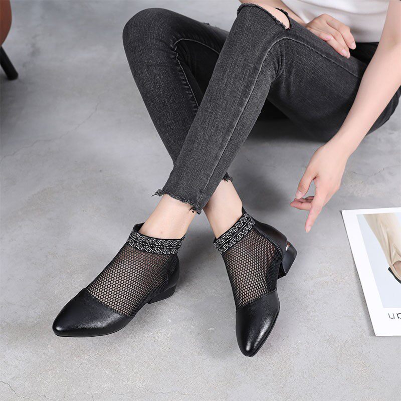 新款网纱镂空短靴女31 32 33特小码平底真皮凉单靴软牛皮小脚网鞋