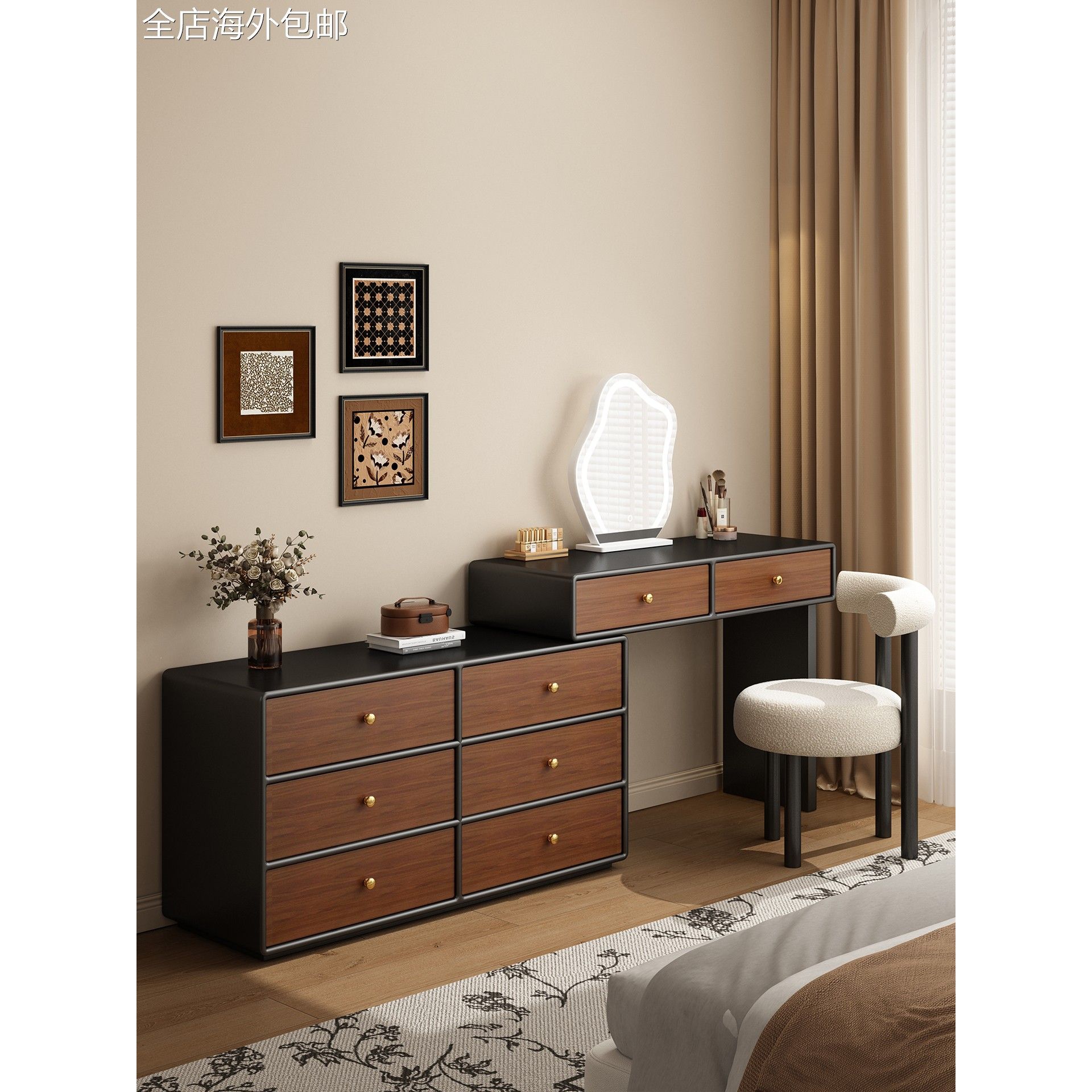 覆古实木梳妆台斗柜一体中古风卧室简约现代2025新款黑胡桃化妆桌