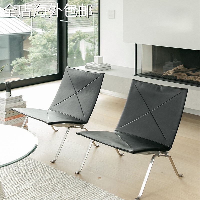 PK22 Easy Chair北欧极简设计真皮客厅休闲椅经典不锈钢沙发椅