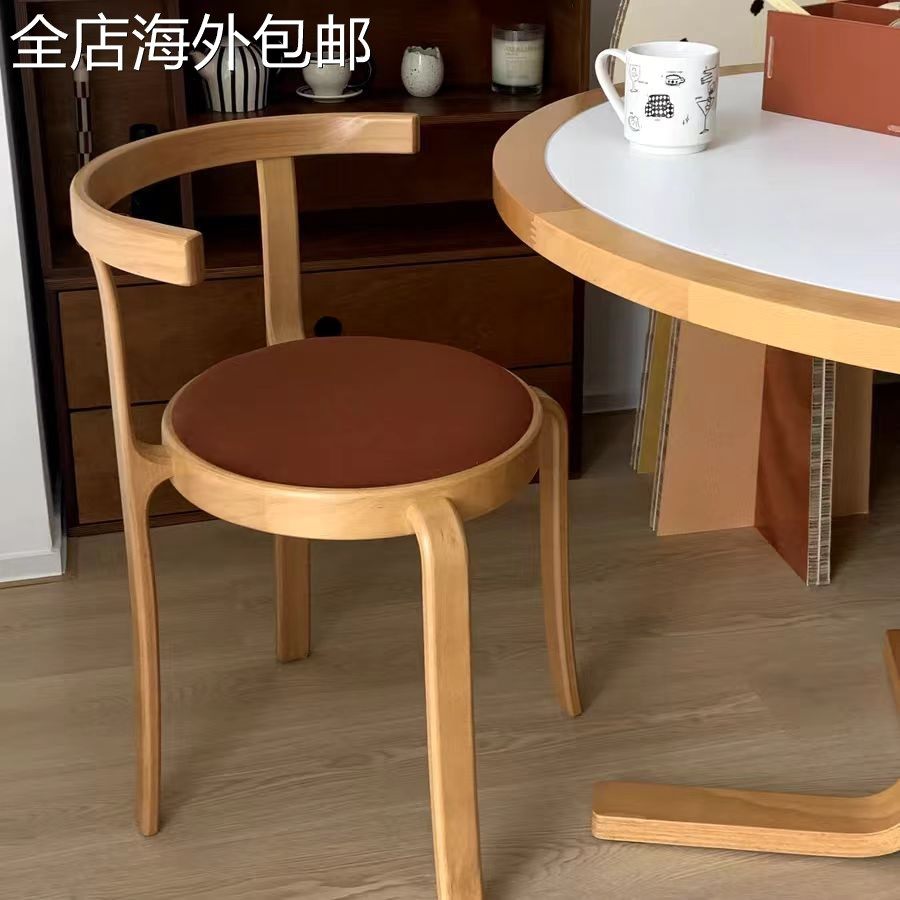 中古风实木餐椅设计师家用小户型可叠放椅子咖啡厅网红软垫餐桌椅