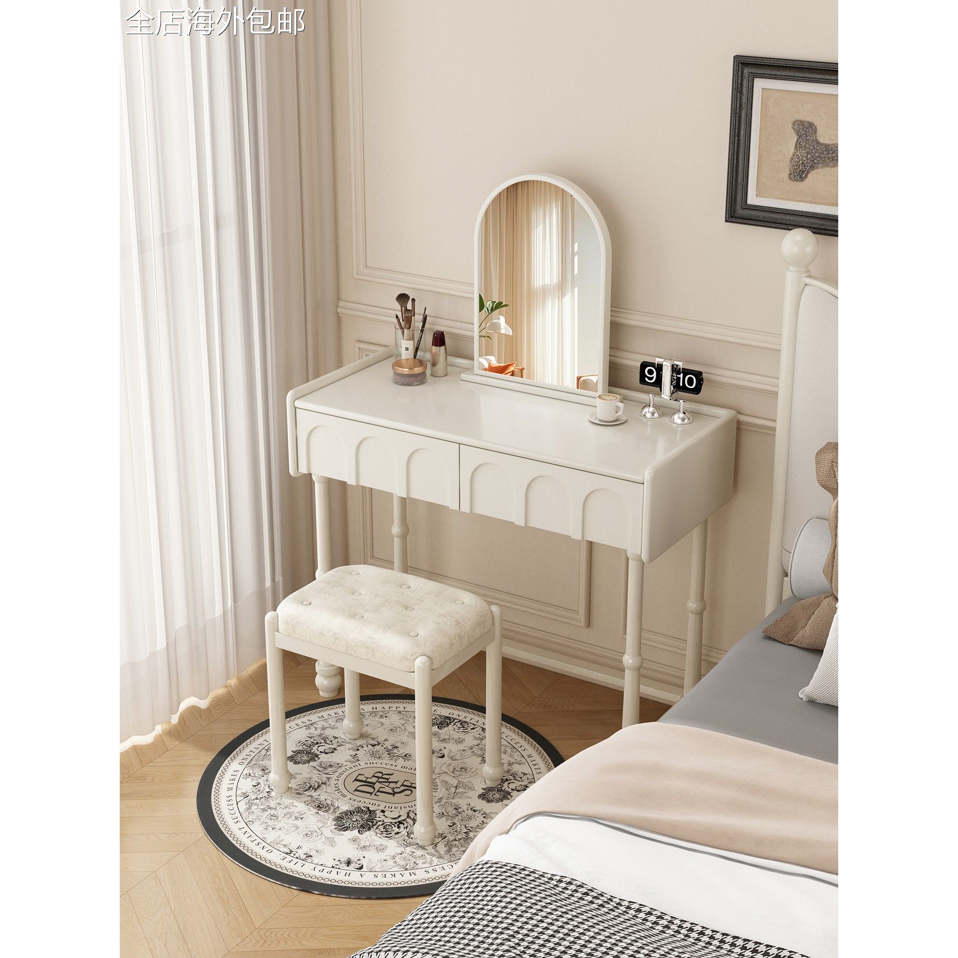 覆古实木梳妆台斗柜一体中古风床尾卧室高级收纳柜美式小型化妆桌