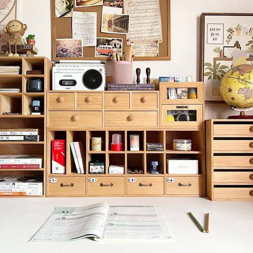 复古收纳柜格子架桌面分类柜胶带印章收纳盒实木文具彩铅笔手