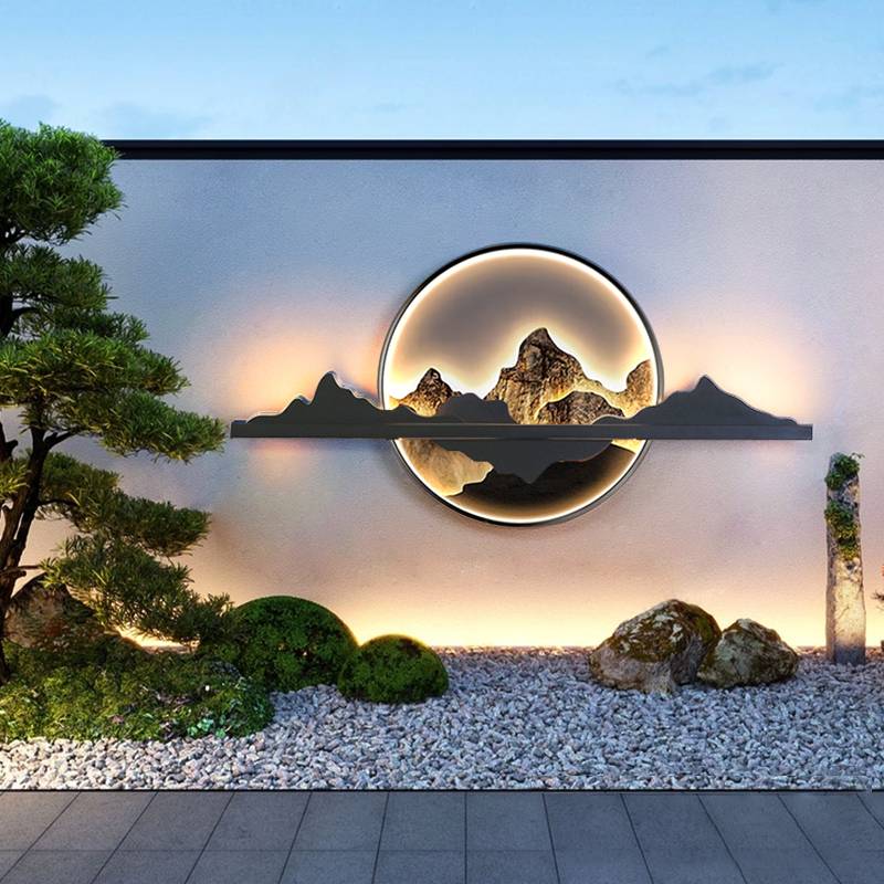 户外壁灯防水太阳能新中式别墅庭院影壁墙造景山水装饰壁画景观灯
