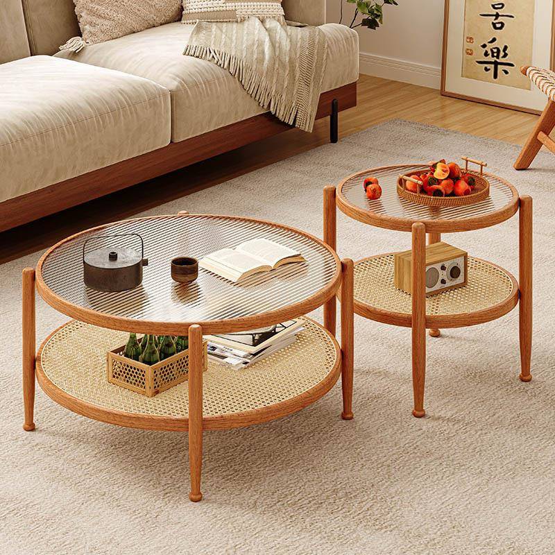 几实木藤编玻圆璃茶客厅家用沙发边几小户型2日式形025新款H570小