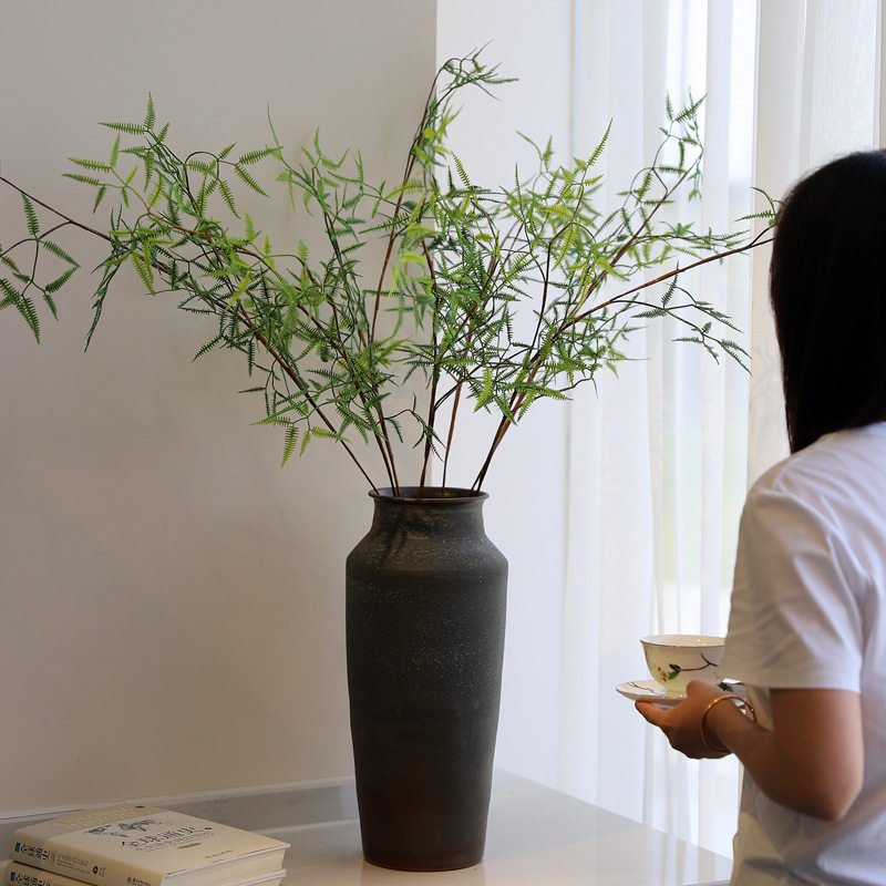 中古风家居摆件纯手工陶瓷花瓶黑色高档落地瓷瓶客厅玄关插花器