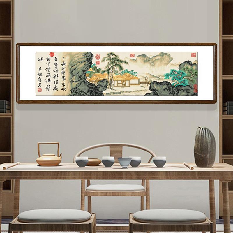 手刺绣新款客厅挂唐寅挂事工茗图800*281新中式山水画纯手工十字