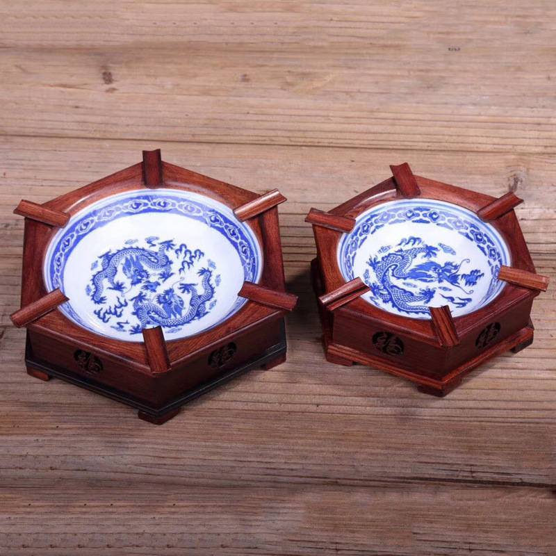 烟缸 创意酸枝青花瓷烟缸套装 木质工艺品 厂家 可加LOGO