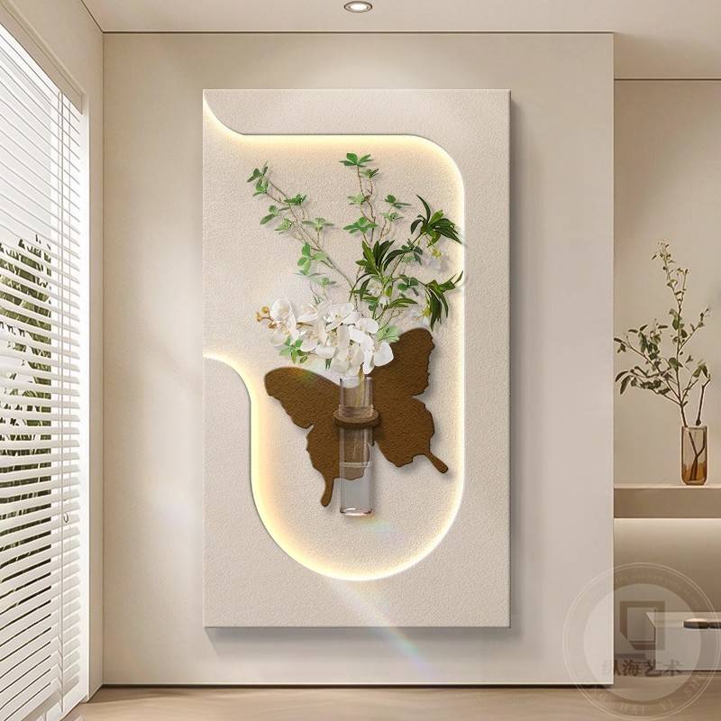 水培绿植玄关装饰画奶油风小清新蝴蝶走廊过道挂画立体砂岩壁灯画图片