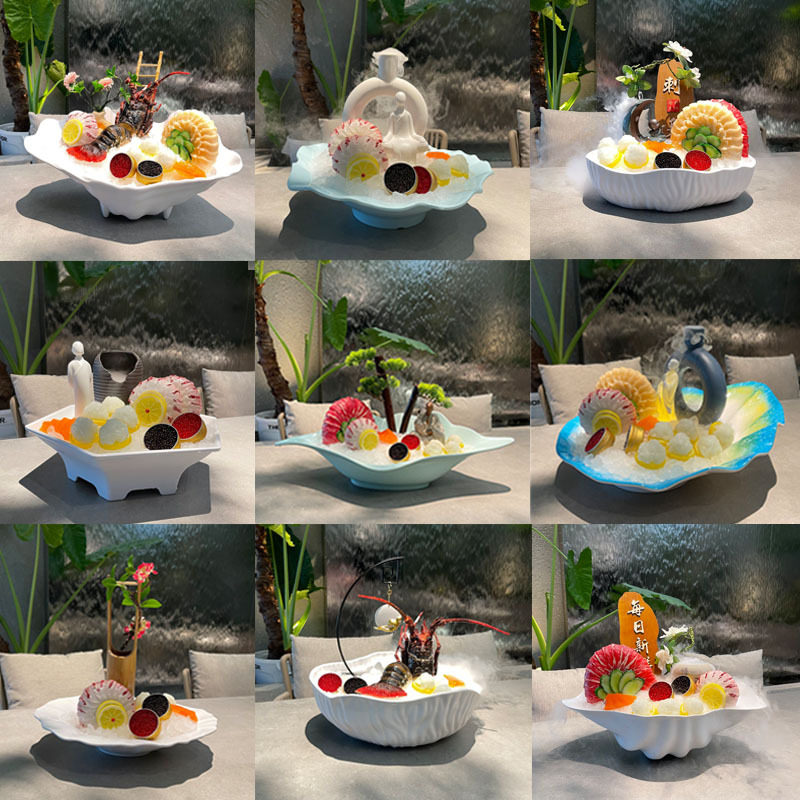 创意密胺刺身拼盘鱼盘海鲜干冰盘三文鱼盘日韩料理自助餐盘商用
