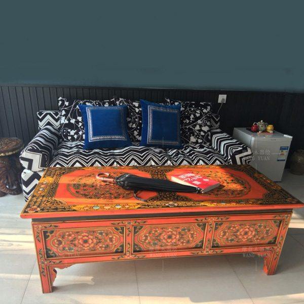 新中式长方形复古木质个性客厅茶几藏式创意收纳彩绘桌子实木家具