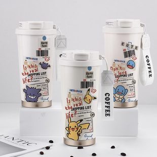 宝可梦周边保温杯耿鬼皮卡丘杰尼龟大容量学生儿童不锈钢吸管水杯