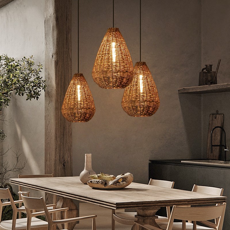 侘寂风藤编吊灯复古日式咖啡厅餐厅吧台灯禅意民宿U酒店中式茶室