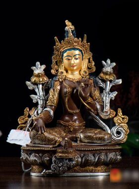 居家桌面铜像尼泊尔手工雕花 7寸青铜鎏金鎏银 绿度母铜像
