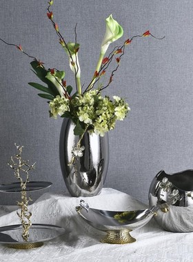 金属银色双层果盘蛋形花器装饰品样板房客厅茶几餐桌托.盘花瓶摆