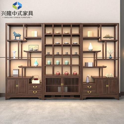 榆木新中式茶室茶叶架子定制实木组合带灯博古架格子柜商用展示架